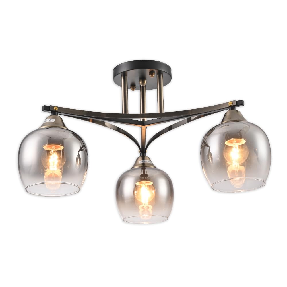 TEKLED Geometric Starburst Faded Smoky Grey Globe Black & Bronze Ceiling Light | E27 Fitting | Semi-Flush Mount Industrial-Modern Blend | for Living Rooms Dining Halls | 3 Globe (Bulb not Included)
