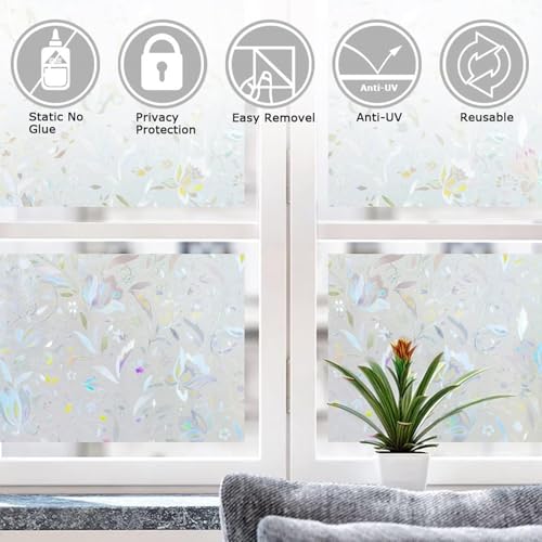 Image of LEMON CLOUD Window Film, Decorative Window Privacy Film, 3D Stained Glass Window Sticker,Anti-UV Sun Blocker Heat Control for Home(Rainbow Tulip Design,11.8 x 78.7 inches)