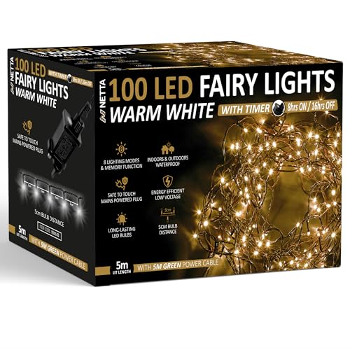 NETTA Christmas Tree Lights 100 LED 5m Fairy String Lights Plug in with Timer and Memory Functions for Outdoor/Indoor Use -Warm White