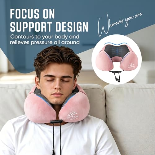 Image of SkytraxComf Travel Neck Pillow with Hood for Privacy on Long Flights | Memory Foam | Airplane Sleep | Safety-Tested Materials | Extra Large Hood | Chin Support | Earplugs | Washable Cover