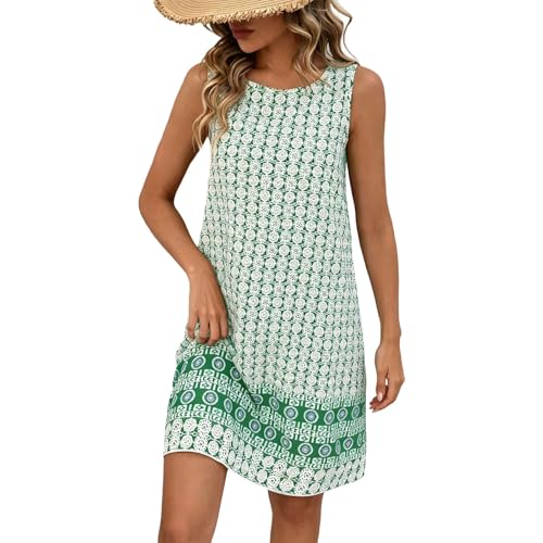 Image of Womens Summer Dresses Sleeveless Round Neck Midi Dress Ladies Vintage Floral Print A Line Dress Boho Beach Tank Dresses Casual Swing Sundress Green