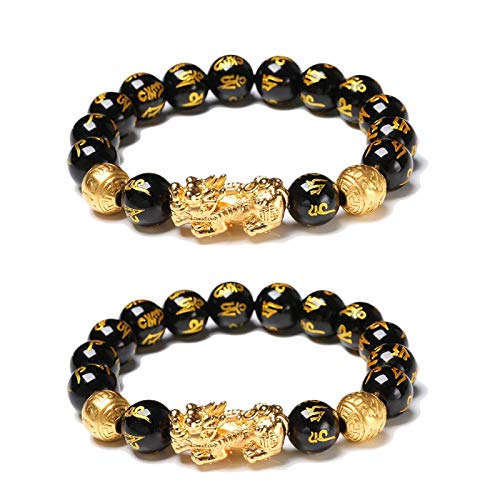 LUCKYYL Feng Shui Schwarzes Obsidian Armband Pi Xiu Chinesisches Armband Perlenamulett Mantra Elastisch Armband Ziehen Sie Reichtum Glück Handgemachtes Armband Cover