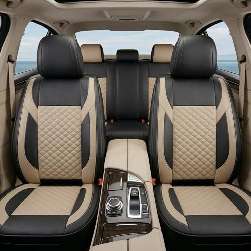 Auto Family Premium 5Pcs PU Leather Car Seat Cover Full Set (Sedan Car) Universal Fit Auto Seat Covers Luxury Interior Protector Waterproof Seat Covers (Beige Black)