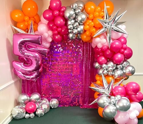 Image of Pink and Orange Balloon Arch Kit, 180Pcs Hot Pink Orange Metallic Silver Latex Balloon Garland kit, 18 12 10 5 Inch Different Size Balloons for Birthday Baby Shower Wedding Party Decorations