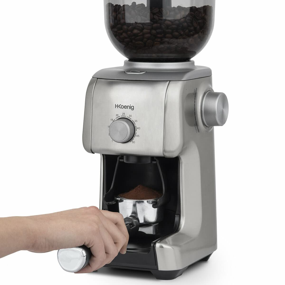 H.Koenig Molinillo de café eléctrico profesional GRD830, Trituradora pro, Sistema de molido cónico, 16 tamaños de molido, Potencia 130W, 400g, Molinillo extraíble, Cuerpo de aluminio, Fácil limpieza