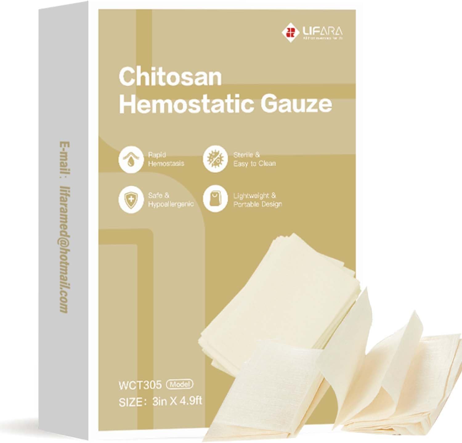 LIFARA Chitosan Hemostatic Gauze (WCT305)- 3in × 4.9ft, Z-Fold Sterile Quick Clotting First Aid Gauze, Surgery & Trauma Care - Non-Allergenic, Natural Mineral-Based, Highly Absorbent, Easy to Use
