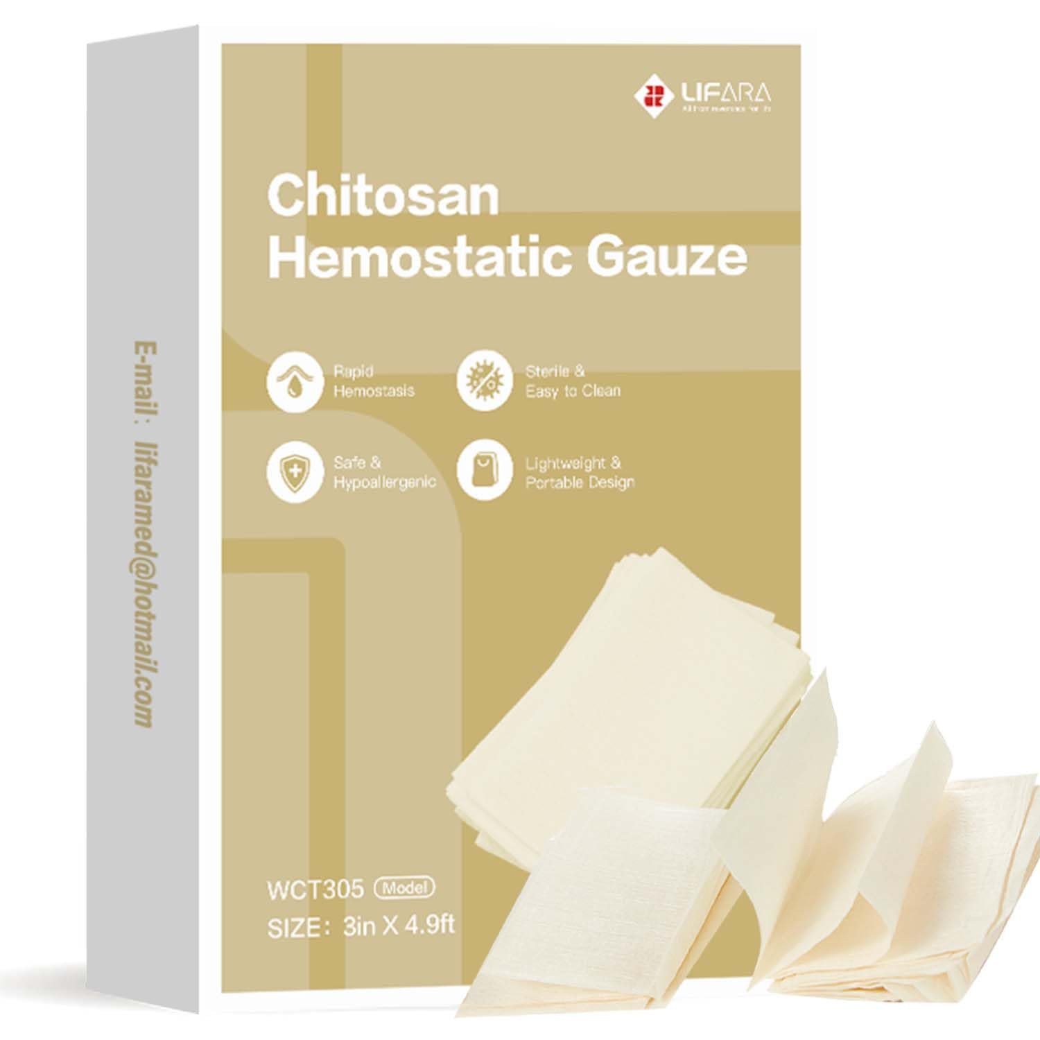 LIFARA Chitosan Hemostatic Gauze (WCT305)- 3in × 4.9ft, Z-Fold Sterile Quick Clotting First Aid Gauze, Surgery & Trauma Care - Non-Allergenic, Natural Mineral-Based, Highly Absorbent, Easy to Use