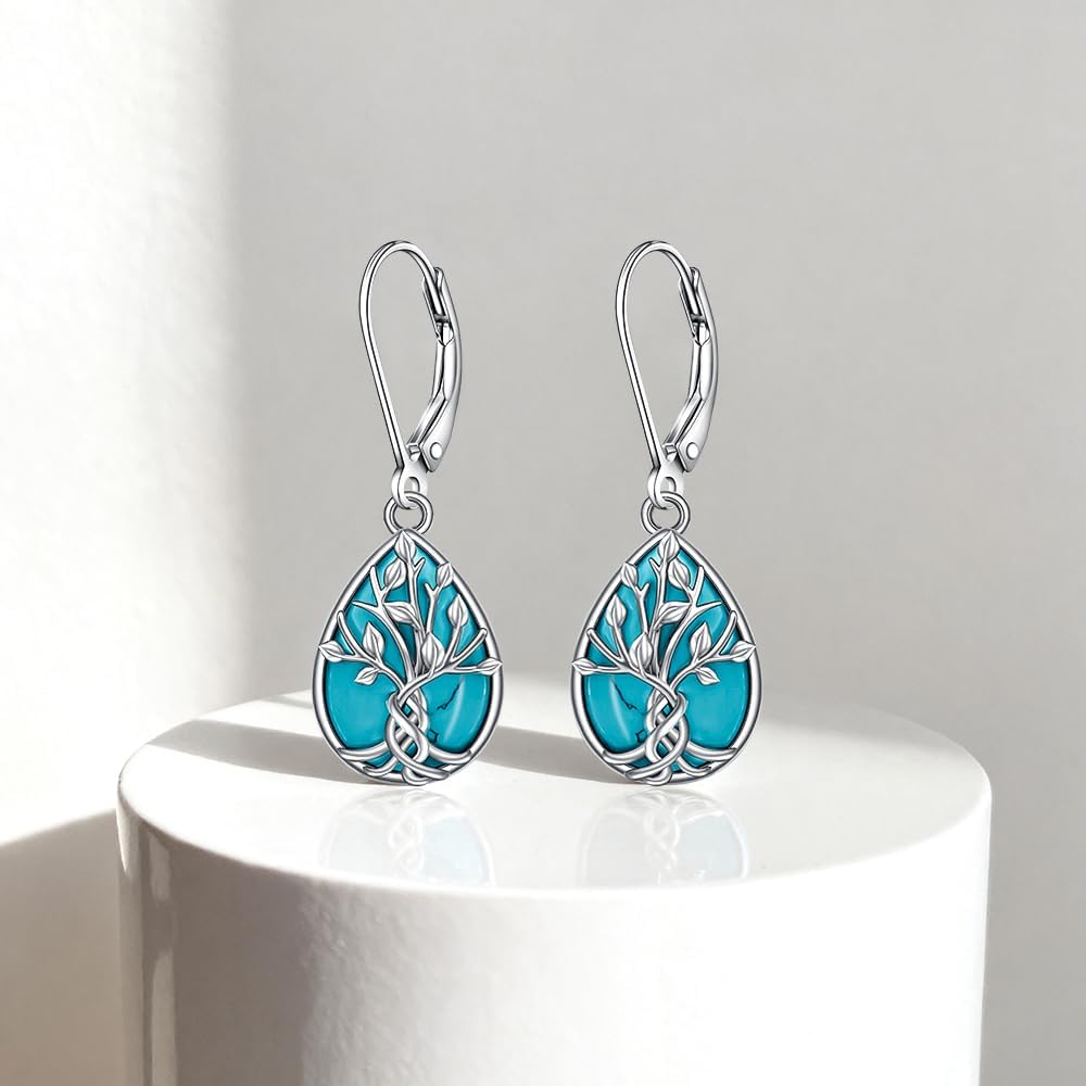 Tree of Life Earrings Sterling Silver Turquoise Dangle Earrings Jewelry for Women Leverback Christmas Birthday Dainty Gifts - Image 3