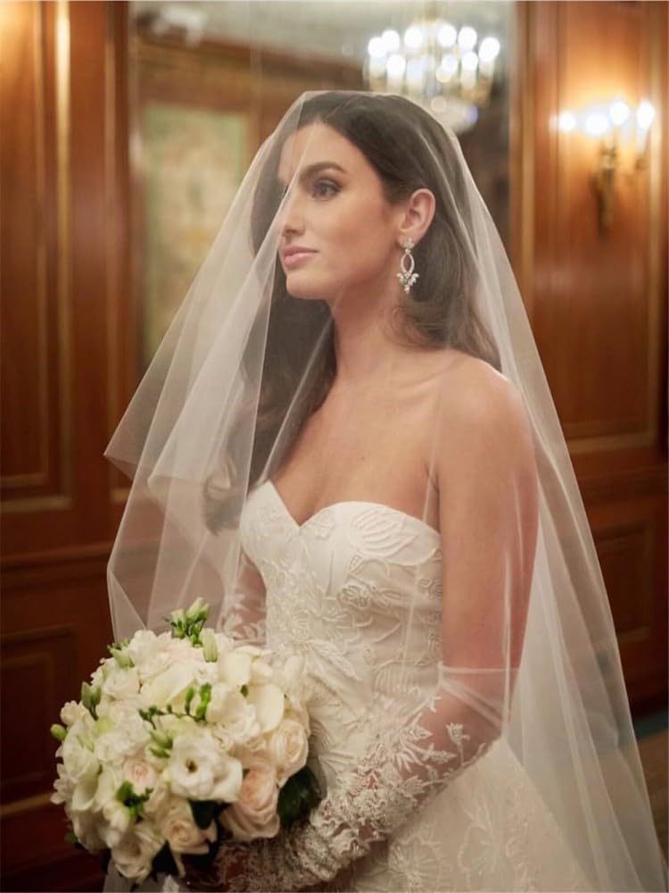 TEWAX Off White Bridal Veil Long Simple 1 Tier Blusher Veil Cathedral Veil for Bride White/Ivory Wedding Accessories