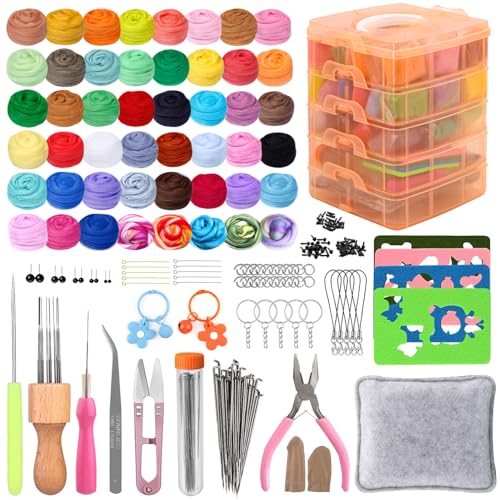 WenYa 200+Pcs Needle Felting Starter Kit 48 Colours Wool and Felting Pad Included Tools and Storage Box DIY Craft Gifts
