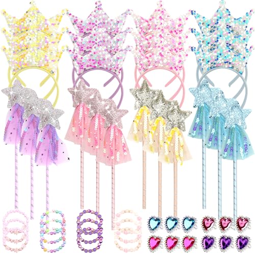 Ywediim Recuerdos de fiesta de princesa, incluye 12 varitas de hadas con purpurina y estrella, 12 coronas de princesa, 12 anillos, 12 pulseras, regalos de fiesta de cumpleaños para niñas, regalos de