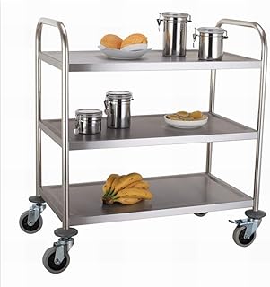 Multifunction Portable Hand Trucks,Large Trolly Cart 3 Tier Hotel Catering Cart with Handle, Stainless Steel Restaurants Collecting Serving Trolley with Brake Wheel, 150Kg Capacity