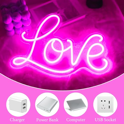 Image of Love Neon Sign Pink Neon Light Love Led Wall Signs USB Powered Light Signs for Girl Bedroom Christmas Valentine's Day Mother's Day Wedding Wall Decor