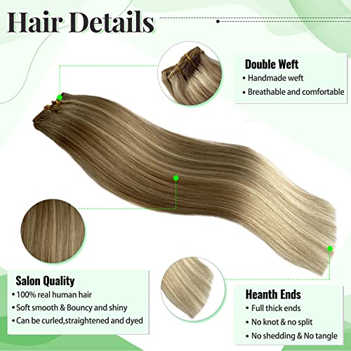 Image of Balayage Blonde Clip in Hair Extensions Real Human Hair 14 Inch 5pcs /70g Walnut Brown to Ash Brown Mixed Platinum Blonde Remy Human Hair Extensions Silky Straight Double Weft Clip in Extensions