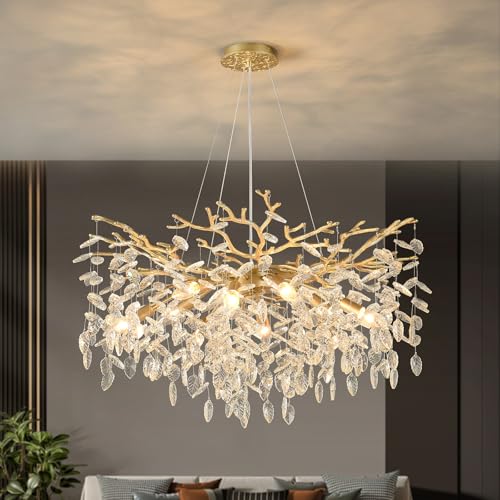 32" 10-Light Modern Crystal Chandelier Round Gold Tree Branch Chandeliers