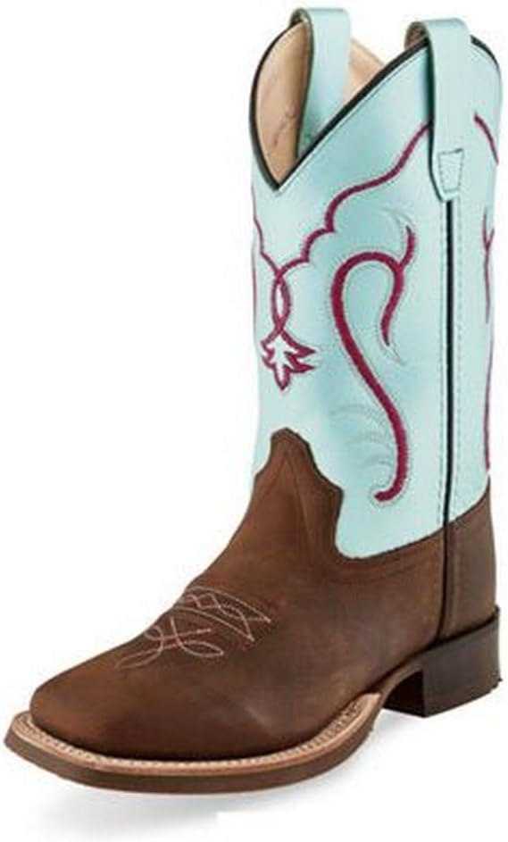 Old West Brown/Silver Blue Girls Leather Cowboy Boots 2.5D