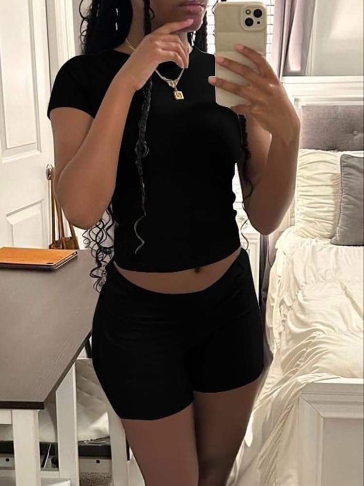 ZFLM Casual Workout Two Piece Outfits for Women Short Sleeve Crop High Waist Foldover Shorts Tracksuit Sets Streetwear - Image 6