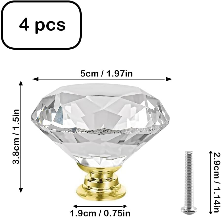 Crystal Cabinet Knobs 4Pack Clear Glass Diamond Shape Drawer Knobs 50mm Diamond Dresser Pulls Door Knobs Cabinet Pulls Cupboard Wardrobe Handles for Kitchen Office Cupboard Drawers (Gold, 4 PCS)