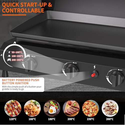 SKOK 4 Burner Gas Griddle with Hood- 30 Inch Outdoor Propane Griddle-60000 BTU Propane Fuelled, Portable Flat Top Gas Grill Camping Griddle with Lid for Kitchen, Outdoor BBQ, Camping