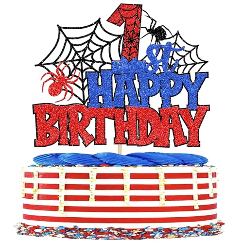 Xsstarmi 1 Pack Happy 1st Birthday Cake Topper Red Blue Glitter Black Spider Web Superhero Theme Cake Pick for Baby Shower Boys Girls Fist Birthday Anniversary Celebration Party Cake Decorations