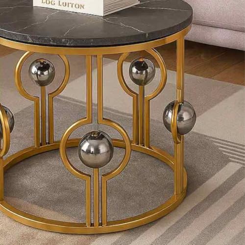 Image of Marble Look Coffee Table, Round Accent Metal Center Table with Golden Metal Frame Golden Black