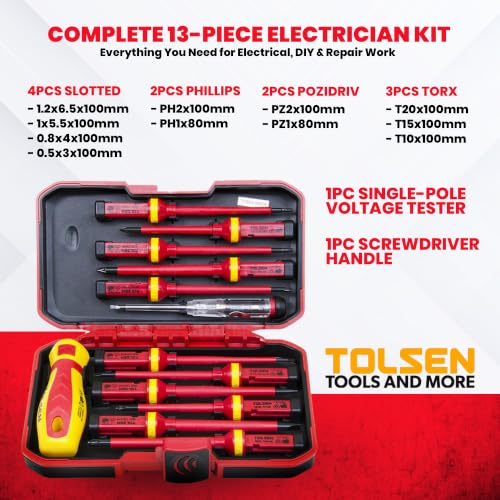 Tolsen 13pcs VDE Insulated Electricians Screwdriver Set with Rubber Handle in Hard Case | Interchangeable | Magnetic Tips | 1000V | Ideal for Electrical, Home and DIY Projects - Image 3