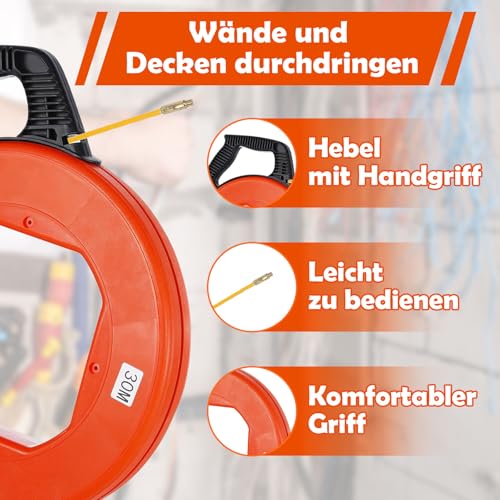 JAMHEXOU Kabeleinziehhilfe 30M, 4mm Einziehspirale 30m Flexible Einziehfeder, Polyester Zugdraht für Leerrohre Fish Tape Einziehhilfe Kabelziehhilfe Für Kabel Mit 1 Führungsfedern