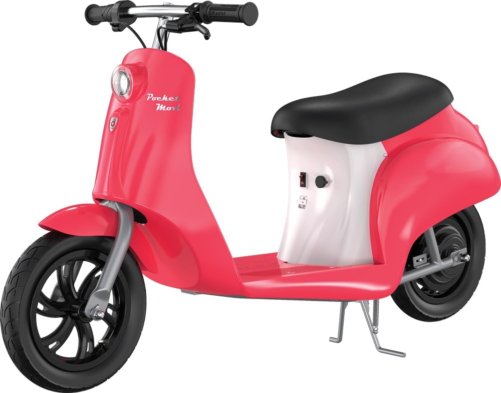 Scooter eléctrico clásico Pocket Mod | Mini estilo retro euro sentado | Correpasillos icónico con ruedas para niños mayores de 8 años | Freno de mano de disco; Acelerador giratorio | Motor de 250W/24V | Hasta 15 MPH, 40 minutos; 170 libras
