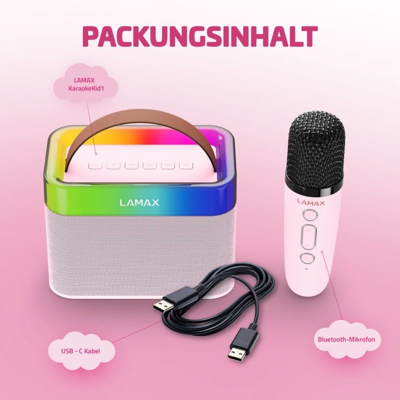 LAMAX KaraokeKid1 różowy, przenośny głośnik dziecięcy z trybem karaoke i mikrofonem do karaoke ze zmieniaczem głosu. Do słuchania i rozrywki, design dla dzieci, Bluetooth 5.3 (różowy)