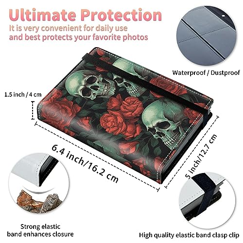 Image of Skulls Rose Photo Album 4x6 120 Pockets Photos with Strong Elastic Band, Small Mini Albums Sheet Protector Folder for Photos, Album for Family Wedding Baby Women Men Vacation Gift