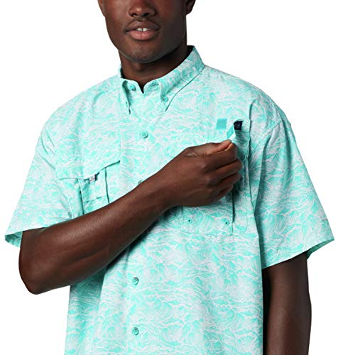 Columbia Men's Pfg Super Bahama Short Sleeve Shirt, Bright Aqua Tuna Time Print, Small #TOP3