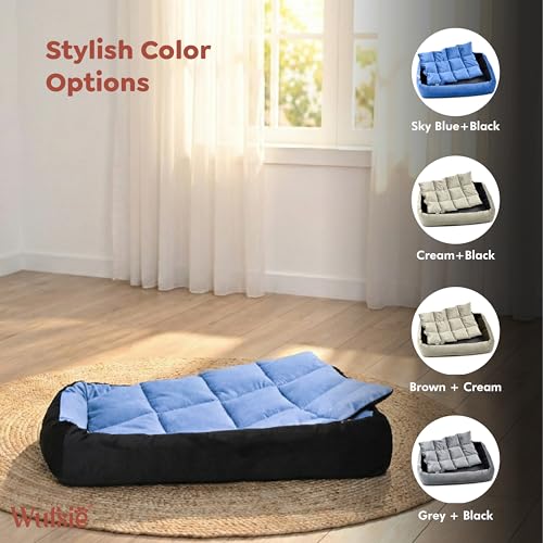 Image of Reversible Rectangle Dog Bed | Medium 60 X 75 Cm Pet Bed for Dogs and Cats | Premium Velvet, Washable Fabric | Soft Sofa-Style Bed for Dog with Thick 15 Cm Insert | Black & Sky Blue