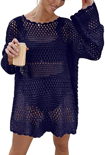 Prinbara Women Swimsuit Crochet Hollow Out Swim Cover Up Bikini Swimwear Knit Mesh Tunic Beach Dress