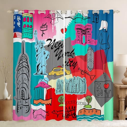 Statue of Liberty Curtains Bedroom Living Room New York Cityscape Darkening Drapes Kids Famous City Scene 30%-50% Blackout Curtains Boys Historical Scenery Window Treatments (2 Panels, 42 x 84 Inch)