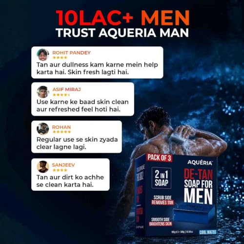 Image of Aqueria De-Tan & Brightening 2-in-1 Bath Soap for Men | Cool Water Perfume | Scrub Side for Tan Removal & Gentle Exfoliation | Smooth Side for Skin Brightening & Hydration | Deep Cleansing Face & Body Soap For Fresh, Healthy-Looking Skin | 300g (Pack of 3) | Suitable For Daily Use - Lasts Upto 90 Washes.
