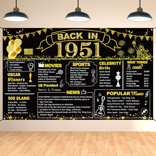 Image of DARUNAXY 75th Birthday Black Gold Party Decoration, Back in 1951 Banner 75 Year Old Birthday Party Poster Supplies Vintage 1951 Backdrop Photography Background for Men & Women 75th Class Reunion Decor