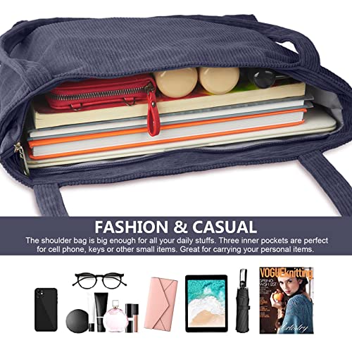 Fitdon Corduroy Totes Bag With Zip, Shoulder Bags Handbags Women's Hobos Large Capacity Shopping Bag With Inner Pocket, Gray #TOP3