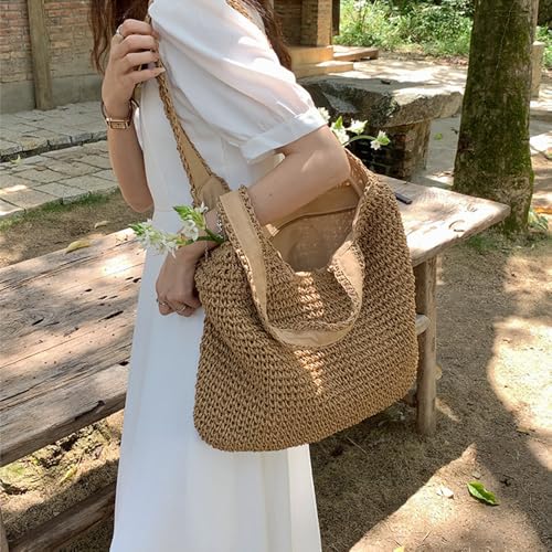 Image of Geelyda Beach Bags for Women, Summer Soft Large Woven Shoulder Purse Handbag, Beach Tote Straw Bag for Summer Vacation