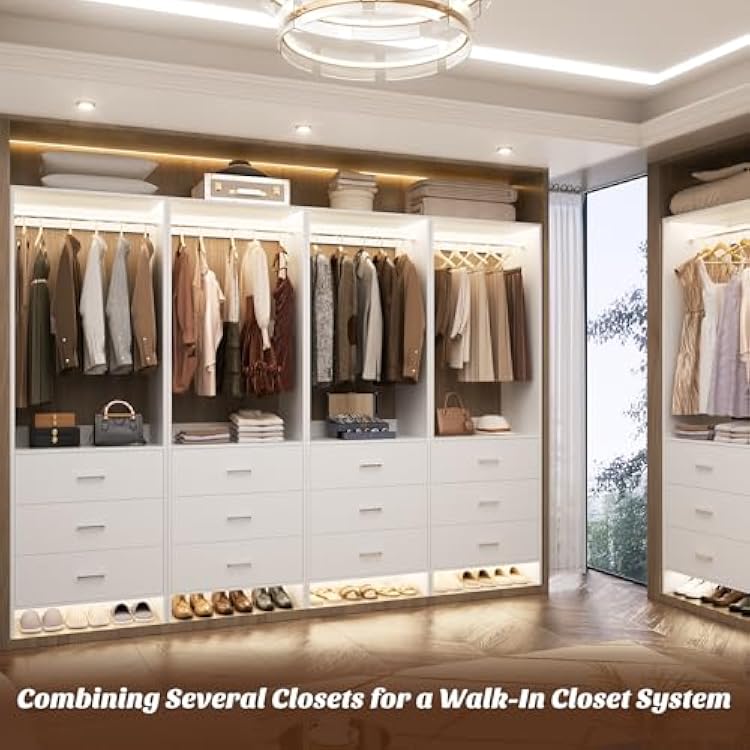 Aheaplus 2FT Closet System with 3 Drawers, 24 Closet Organizer, Wood Closet Organizer System, Walk-in Closet or Small Closets Wardrobe, Clothes Rack with Hanging Rods,-E6, White