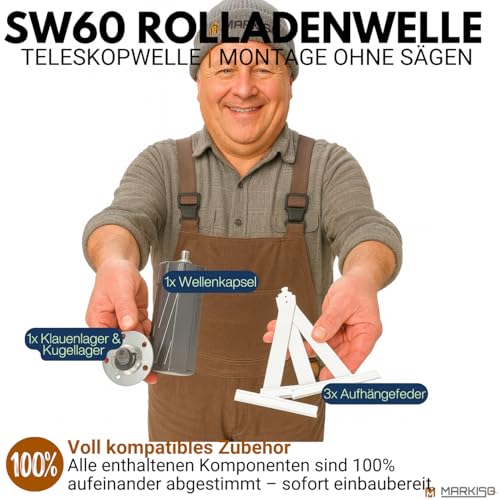 Foto von Rolladenwelle SW60 Komplettset Stahlwelle für Rollladen, Achtkantwelle mit Ø 60mm Durchmesser | Fixmaße 140 cm - Umrüstset für Einbau Rolladenmotor