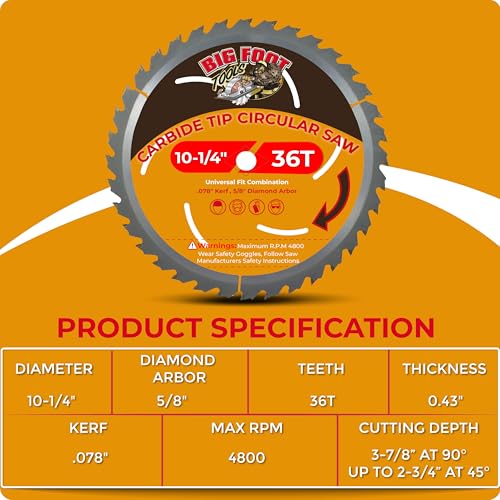 Big Foot 10 1/4 Circular Saw Blade 36 Tooth Carbide Tipped Circular Saw Blade - 10-1/4\" Diameter - 5/8\" Arbor - Thumbnail 3