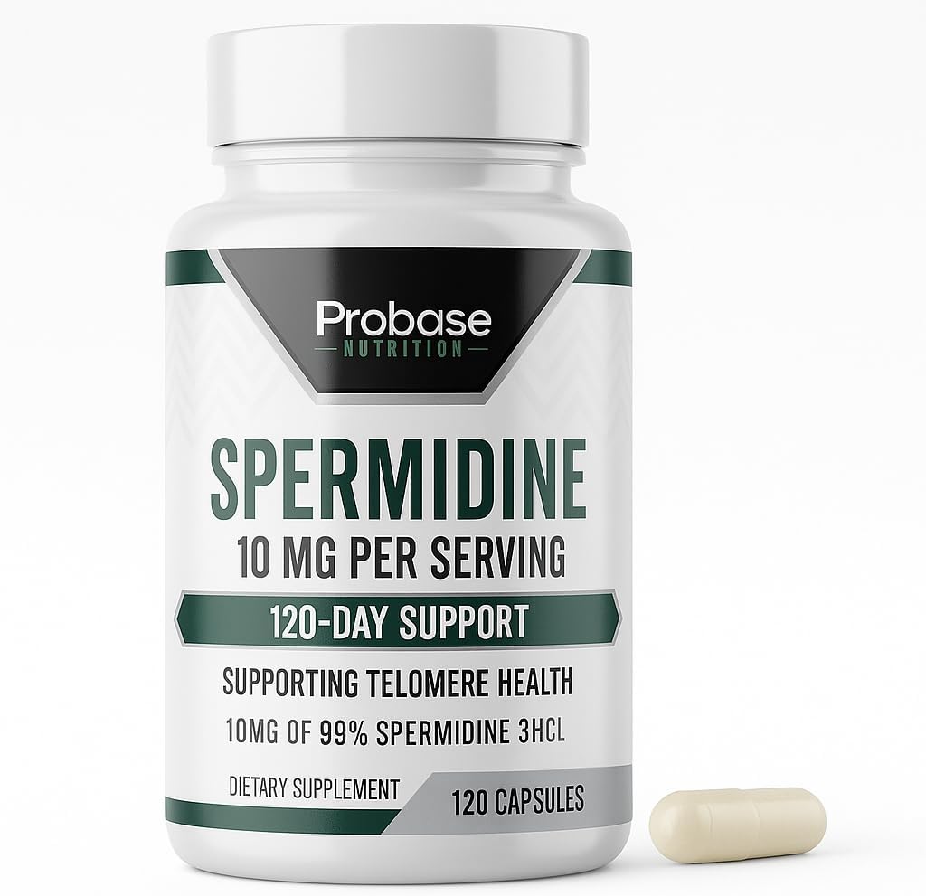 Probase Nutrition Spermidine (10mg of 99% Spermidine 3HCL - Third Party Tested) 120 Capsules - 100x More Potent Than Wheat Germ Extract, Telomere Health and Aging 120-Day Supply - As efficient as NMN