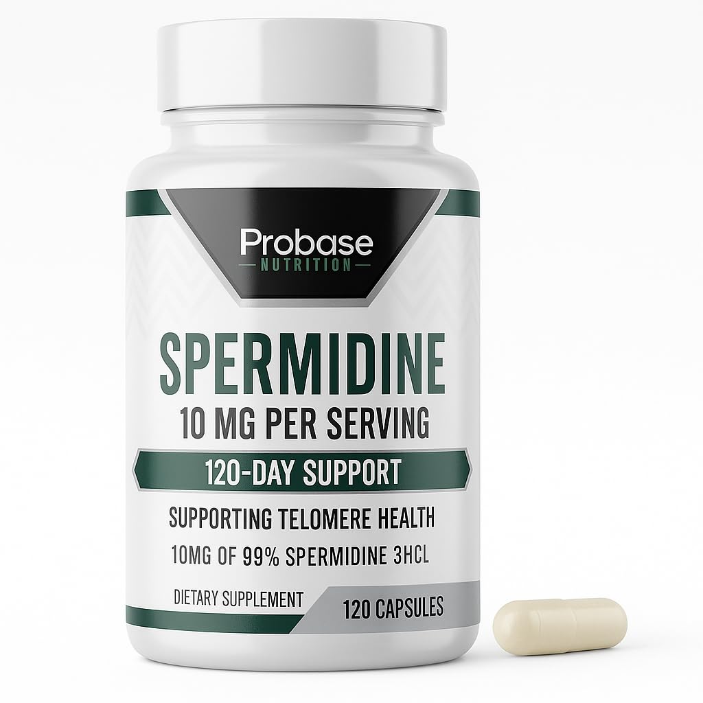 Probase Nutrition Spermidine (10mg of 99% Spermidine 3HCL - Third Party Tested) 120 Capsules - 100x More Potent Than Wheat Germ Extract, Telomere Health and Aging 120-Day Supply - As efficient as NMN