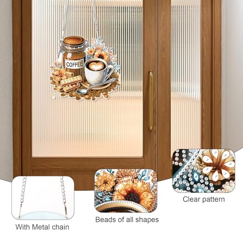 Image of Diamond Art Painting Pendant Kits with Hanging Chain 5D Diamond Art Hanging Kit DIY Diamond Crystal Window Door Hanging Pendant Kit for Adults Gift Wall Home Christmas Decoration 25.2x23.3 cm, Coffee