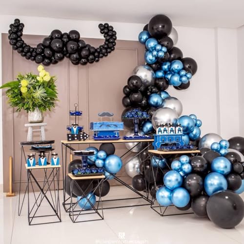 Image of Metallic Blue and Black Balloon Arch Garland Kit, 118PCS Baby Light Blue Metal Silver Latex Balloons for Birthday Baby Shower Gender Reveal Graduation Wedding Father's Day Party Decorations Supplies