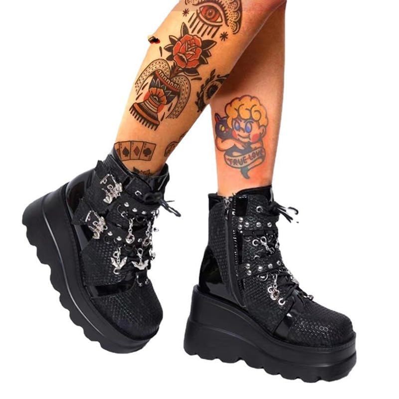 Image of Womens Goth Platform Boots Chunky High Heel Booties Round Toe Combat Ankle Boots Womens Lace Up Motorcycle Wedges Shoes