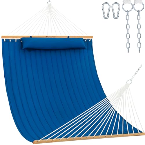 Lazy Daze 12 FT Double Quilted Fabric Hammock with Spreader Bars and Detachable Pillow, 2 Person Hammock for Outdoor Patio Backyard Poolside, 450 LBS Weight Capacity, Dark Blue/Natural