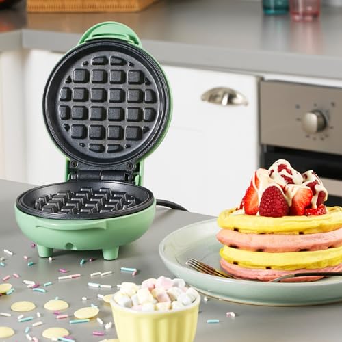 Giles & Posner EK4214GSGR Mini Waffle Maker – Non-Stick Waffle Iron Machine, For Belgian & American Style Waffles, Sweet/Savoury Snacks Desserts, Compact, 11.5 cm Round Cooking Plate, Pastel Green