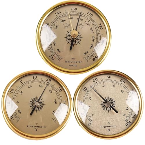 IULAVP - Barometer Thermometer Hygrometer: 3 PCS Analog Weather Station Clock Mechanical Gauge Set, 2.83in Dial Type Barometers for The Home, Kitchen, Fishing Boat, Baby Room, Office, Terrace (Gold)