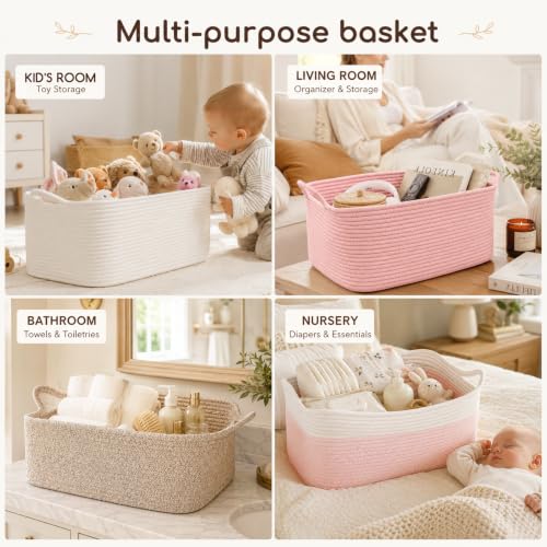 Image of OIASKET Large Empty Cotton Rope Gift Basket with Handles, 16.5 inchx12.6 inchx7 inch Decorative Woven Storage Basket with Gift Bag and Ribbon Set for Baby Shower, Toy Organizer for Kids, Dogs & Cats - White